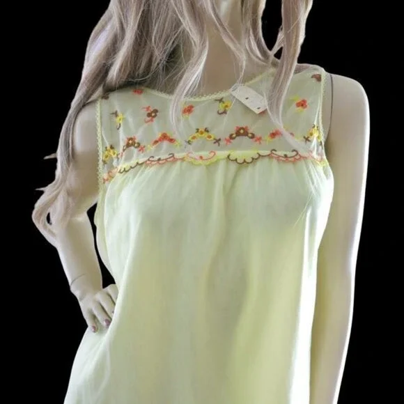 Vintage 70s Yellow Chiffon Nightie Sheer Floral Trim Deadstock Lingerie Size S - Picture 3 of 8